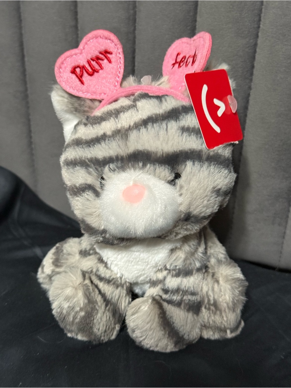 Aurora World Purrfect Gray Tabby Cat Plush Pink Heart Headband 8”